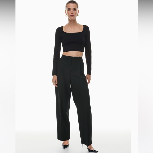NWOT Aritzia Babaton Large Black Square Neck Sculpt Knit Cropped Longsleeve - Picture 2 of 10